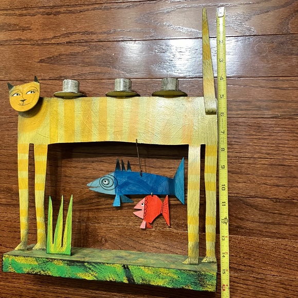 ACME Animal Canada Cat With hanging Fishes, 3 Candle Holder Handcrafted Signed - Picture 12 of 14